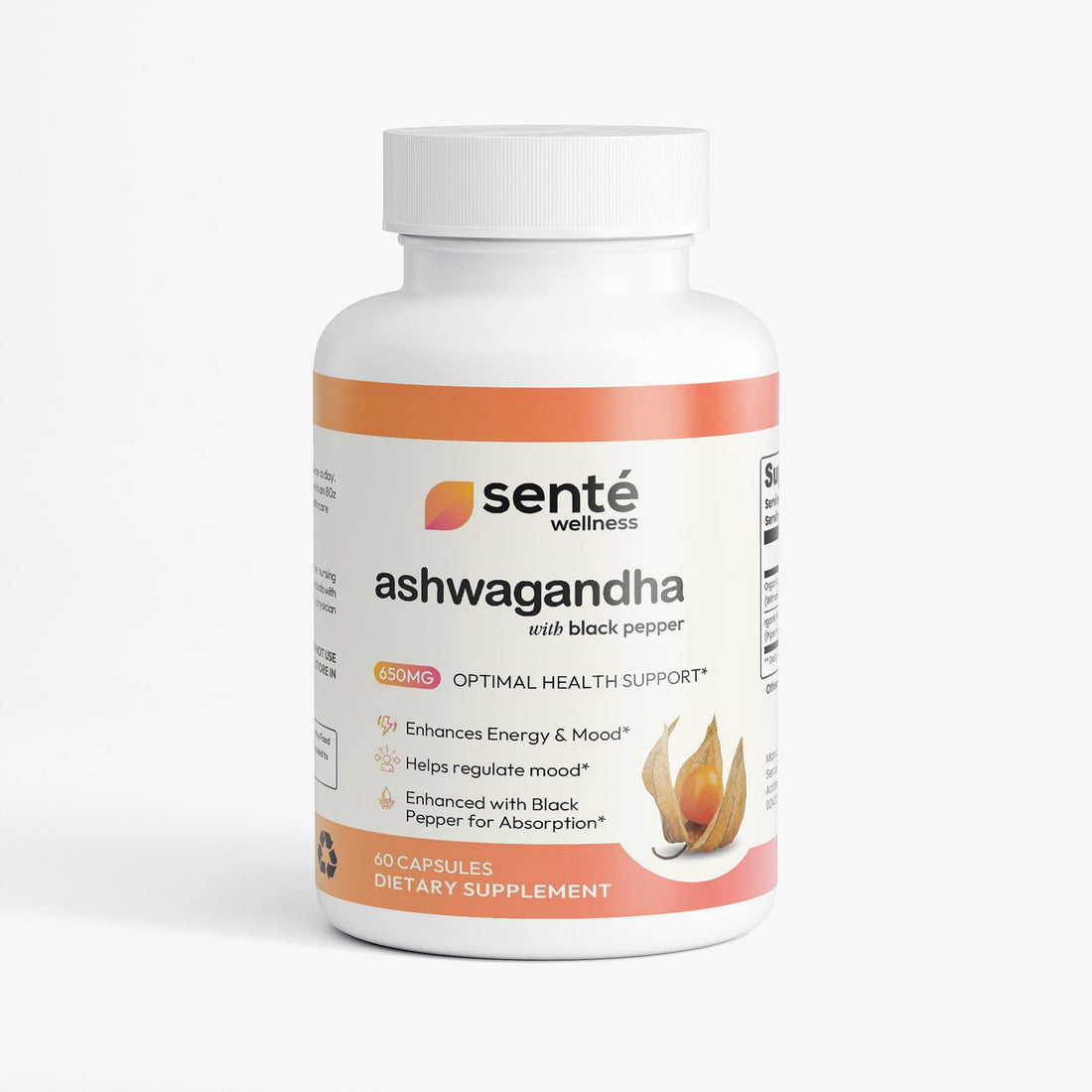 Sente Wellness Ashwagandha Root Complex 650 mg product label highlighting natural stress relief and daily calm support