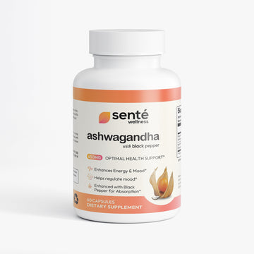 Sente Wellness Ashwagandha Root Complex 650 mg product label highlighting natural stress relief and daily calm support