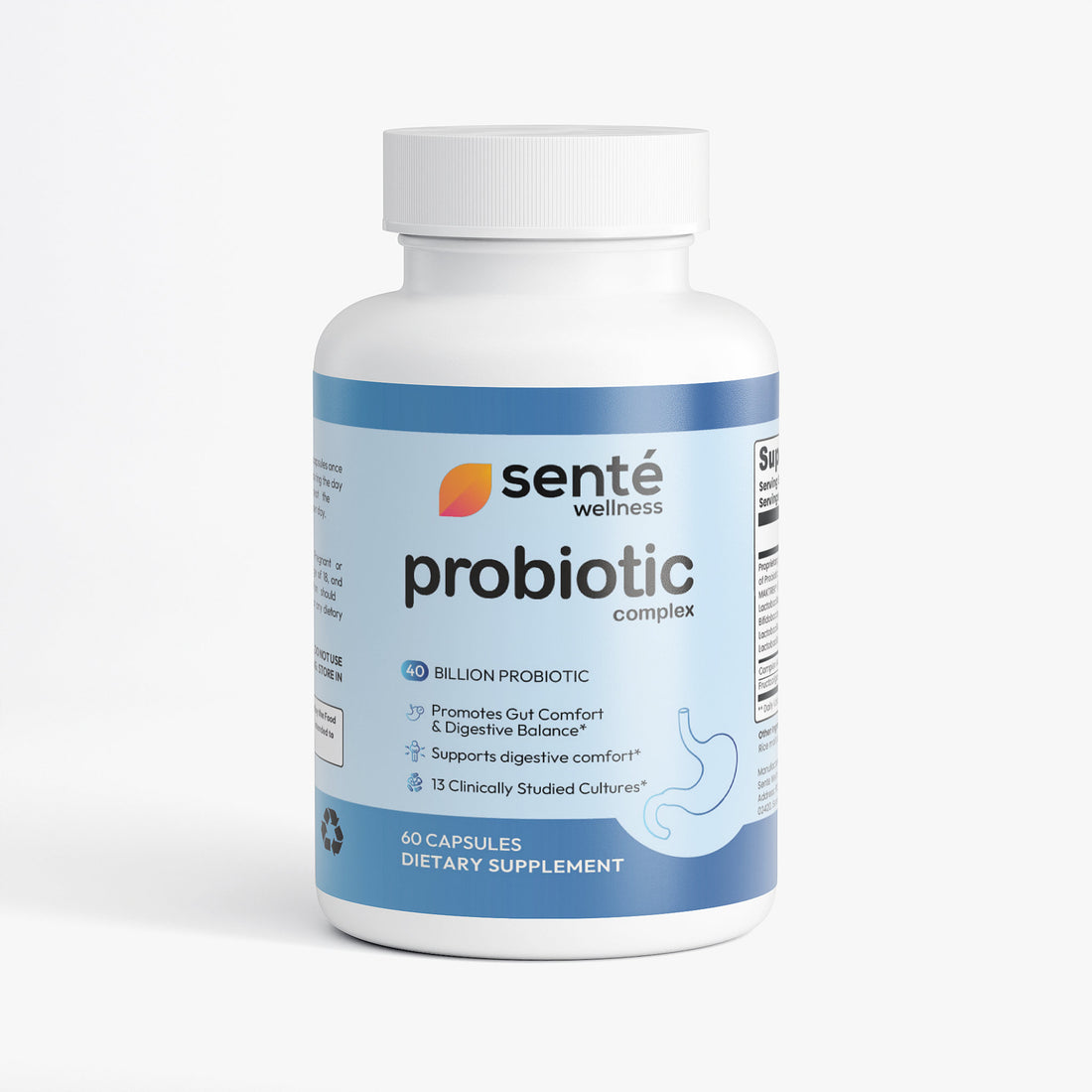 Sente Wellness 40 Billion Advanced Probiotic Complex supplement bottle label showing probiotic blend and dosage details