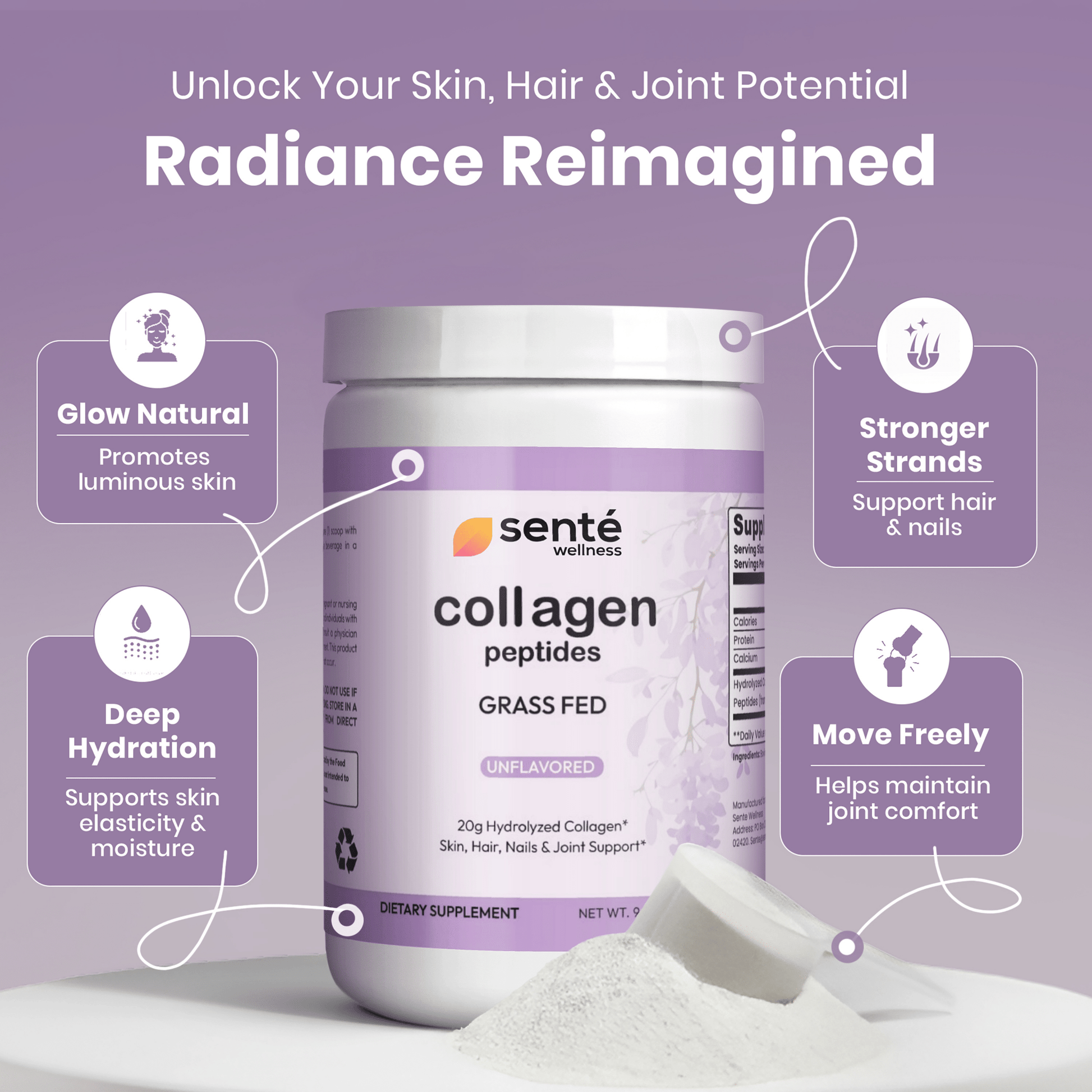 Front label of Sente Wellness Hydrolyzed Grass-Fed Collagen Peptides, supporting healthy hair, skin, nails, and joints