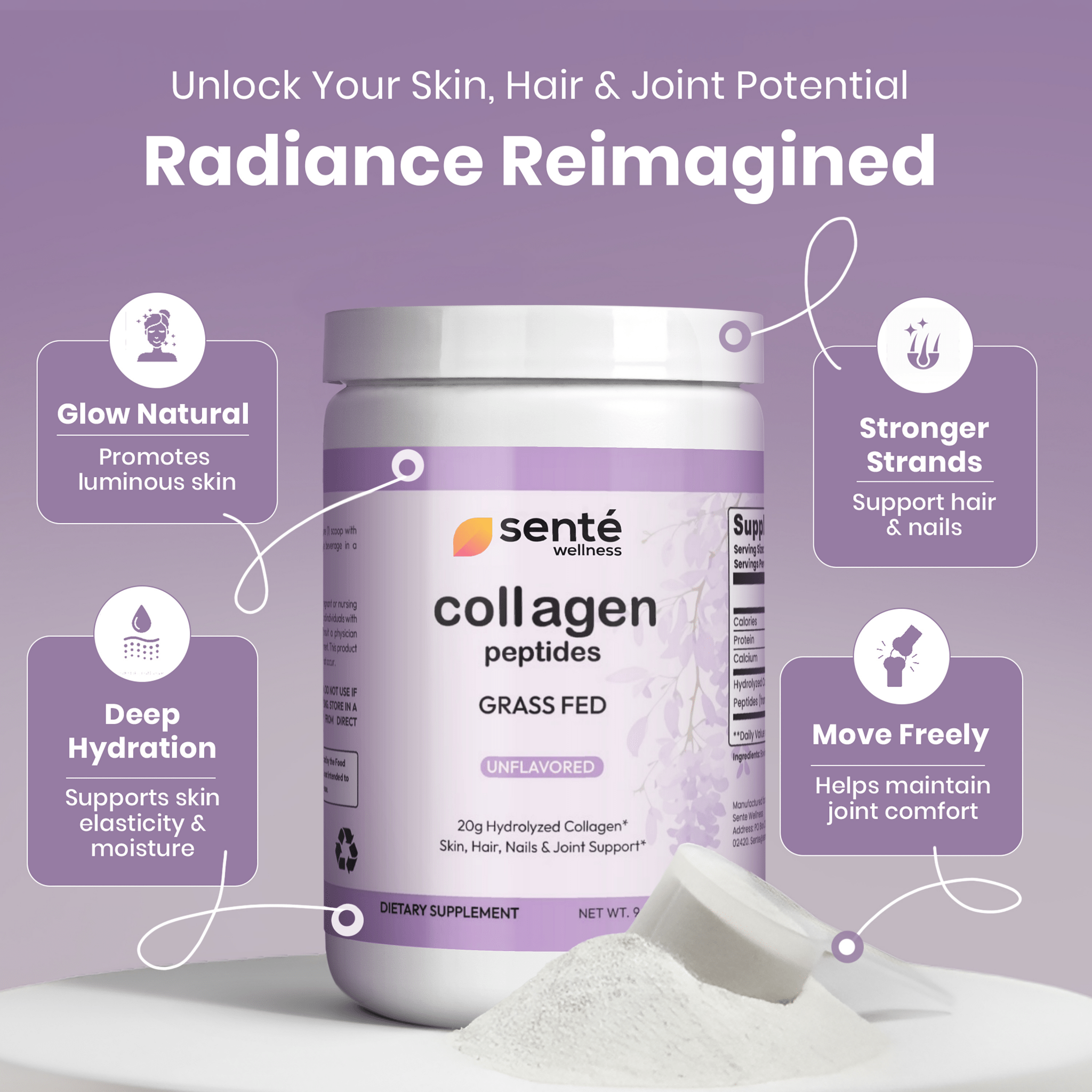 Front label of Sente Wellness Hydrolyzed Grass-Fed Collagen Peptides, supporting healthy hair, skin, nails, and joints