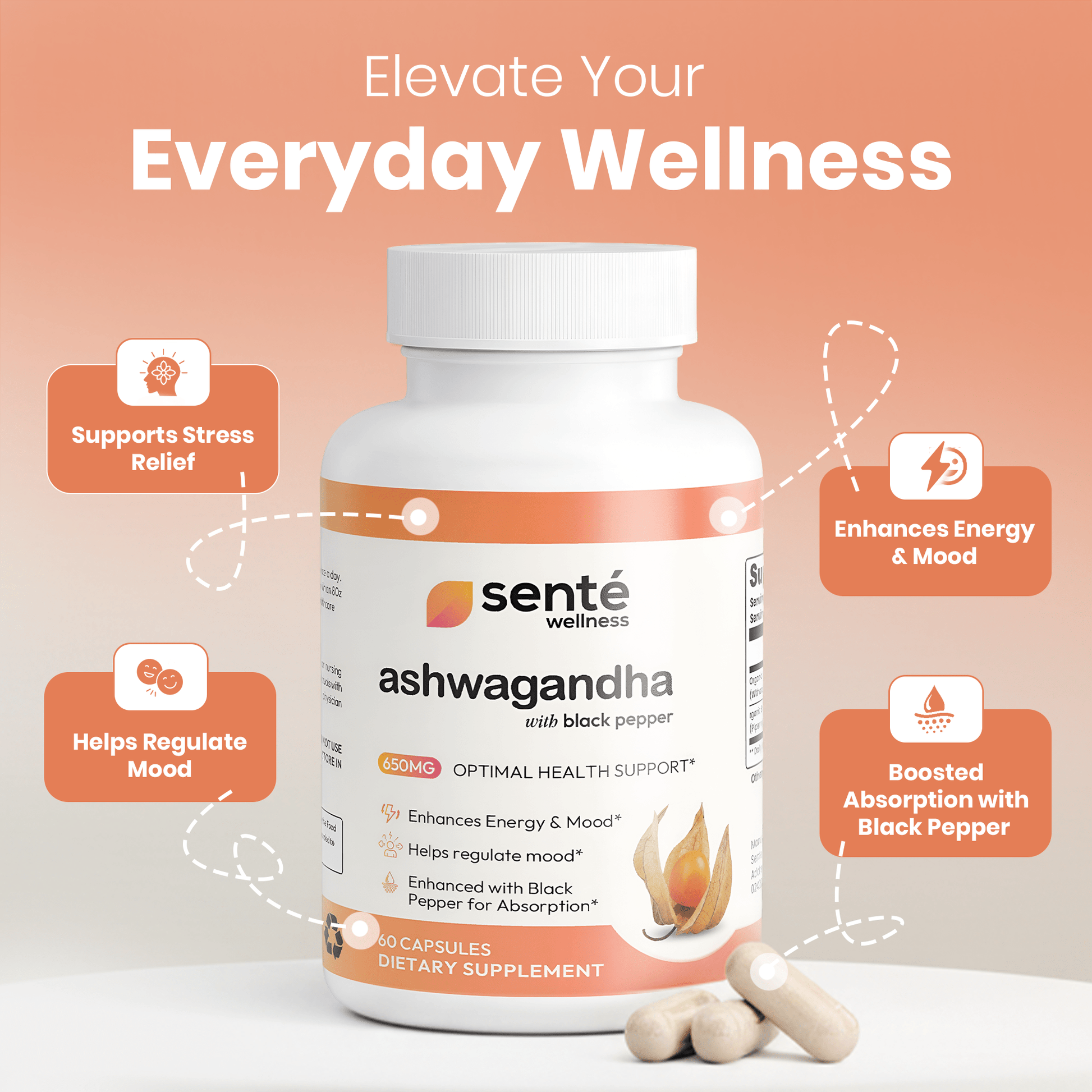 Sente Wellness Ashwagandha Root Complex 650 mg supplement bottle label showing dosage and adaptogenic stress support details